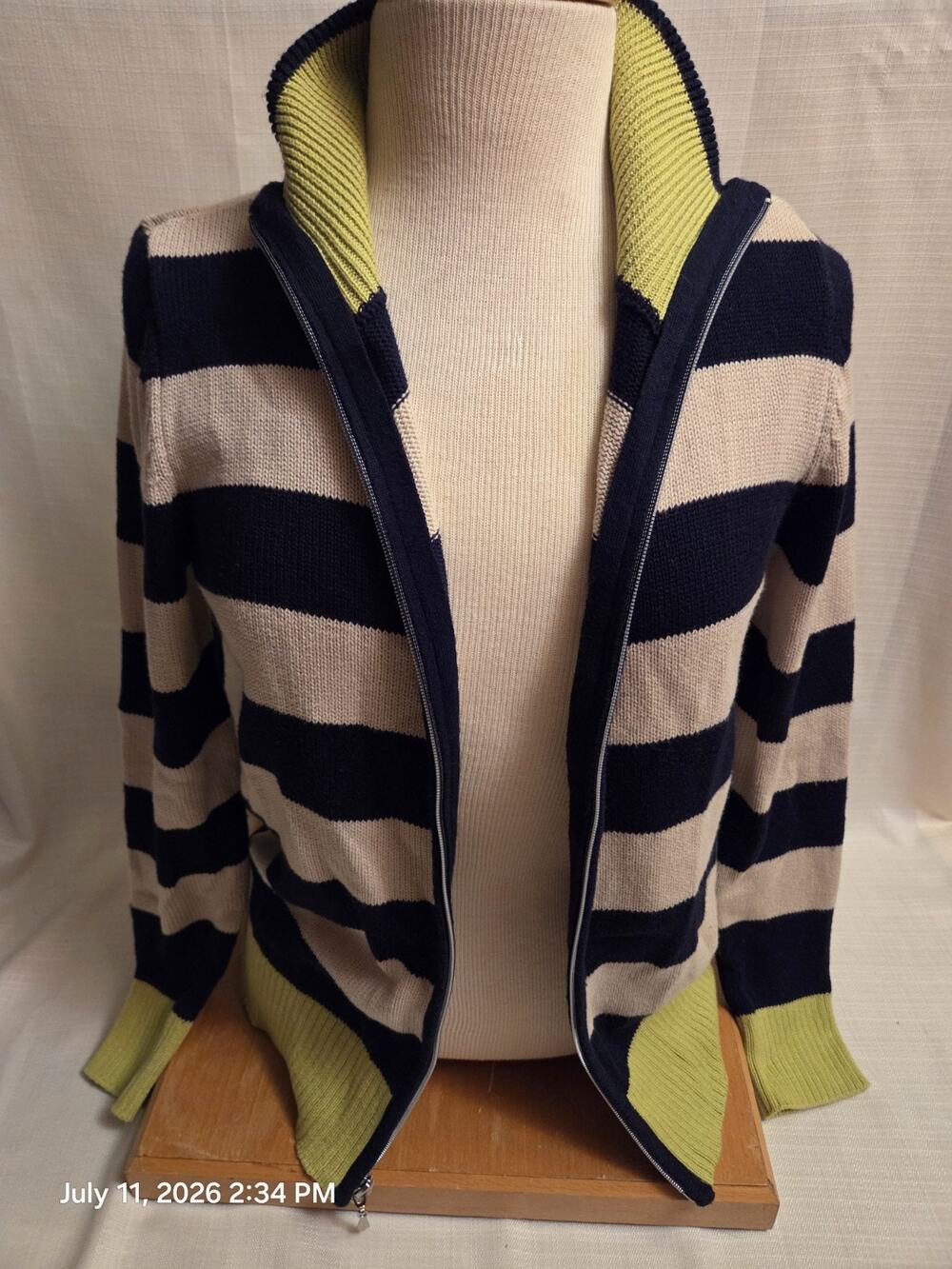 Susan Graver Women's XS Navy/Beige/Green Striped Full Zip Mock Neck Sweater